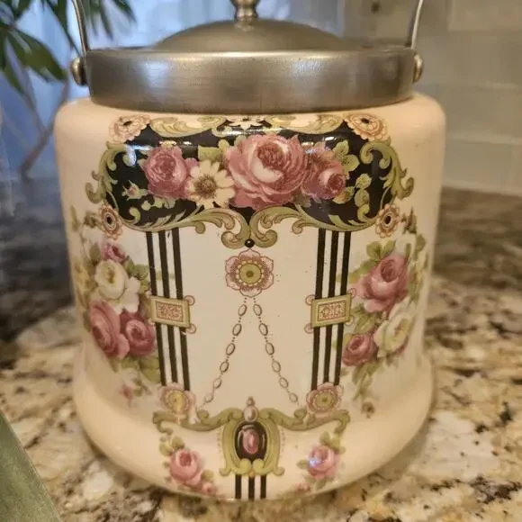 Antique British Bristolia Ceramic Biscuit Barrel With EPNS Lid And Handle - Picture 2 of 10